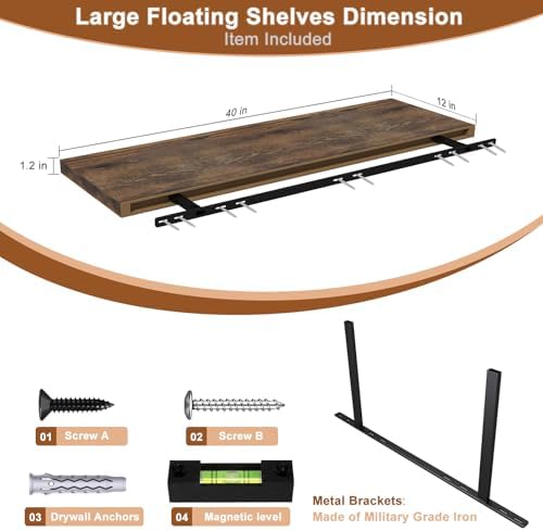 40 Inch Rustic Floating Shelf Large No Drilling