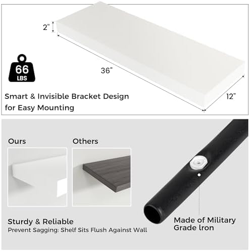 Venusmiles Floating Wall Shelves White 36x12 Inch