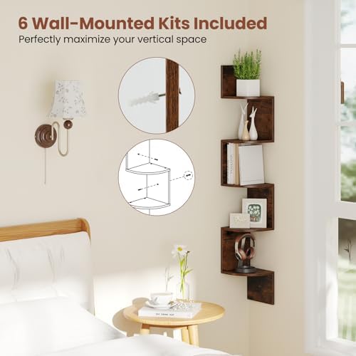 Giantex 5-Tier Floating Corner Bookshelf Wall Mounted Rustic Brown