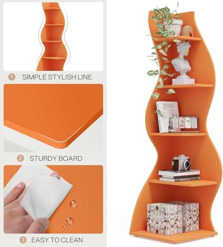 5-Tier Corner Bookshelf with Modern Wave Design