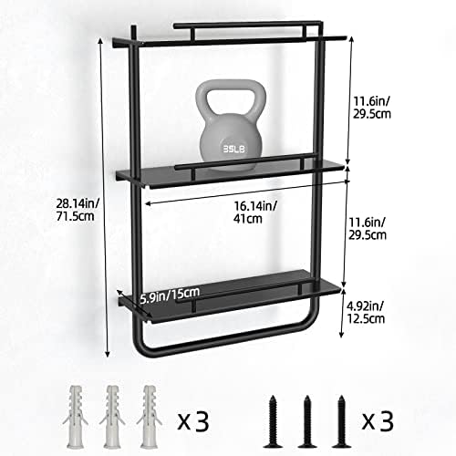 3 Tier Metal Floating Shelves Black with Frame and Towel Rack