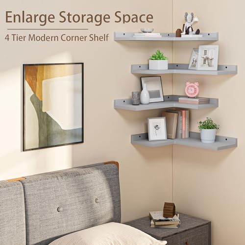 4 Tier Floating Corner Shelves Grey Set of 4