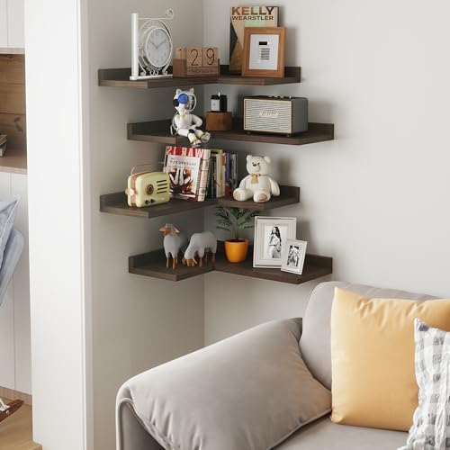 4 Tier Floating Corner Shelves - Rustic Walnut Wall Mount