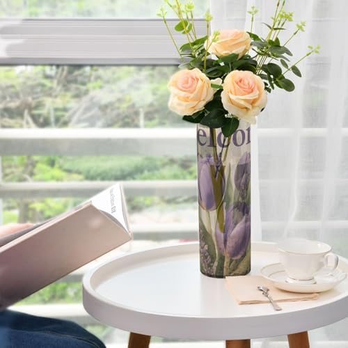 Welcome Purple Tulips Pattern Clear Plastic Cylinder Vase 118 Inch Tall