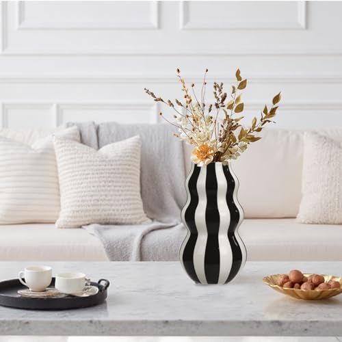 Daslich Black and White Ceramic Vase 866 in Tall Modern Striped Centerpiece