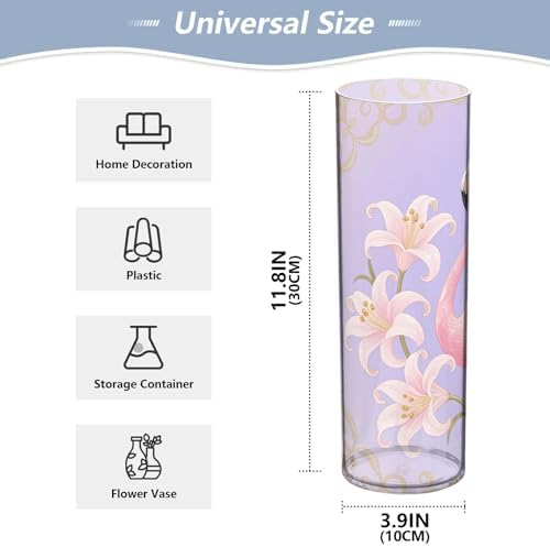 Flamingo and Lily Pattern Clear Plastic Cylinder Vase 118 Inch Tall