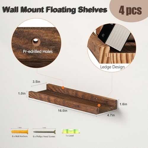 Wood Floating Shelves Set of 4 - 16 Inch Rustic Design