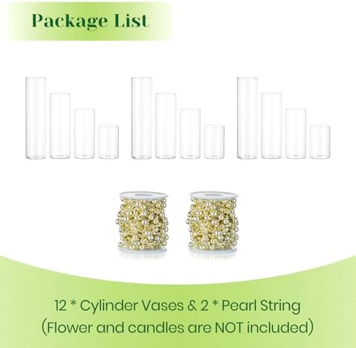 Hewory Clear Glass Cylinder Vases Set of 12 with Pearl String