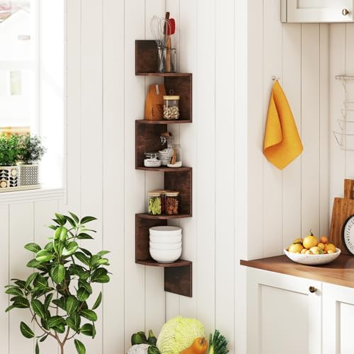 Giantex 5-Tier Floating Corner Bookshelf Wall Mounted Rustic Brown