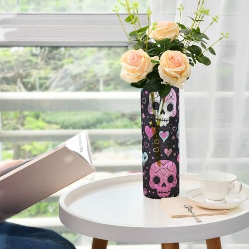 Cute Halloween Floral Skull Heart Pink Plastic Cylinder Vases for Centerpieces