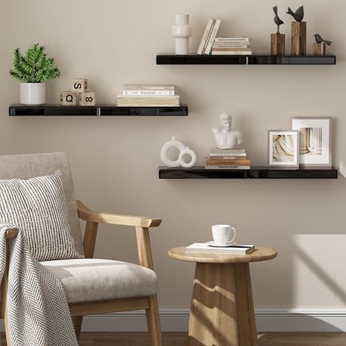 SHYFOY Black Glass Floating Shelves Set of 3