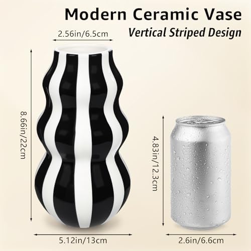 Daslich Black and White Ceramic Vase 866 in Tall Modern Striped Centerpiece