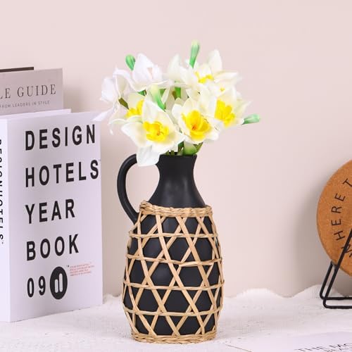 Rustic Farmhouse Ceramic Vase with Hand Woven Raffia