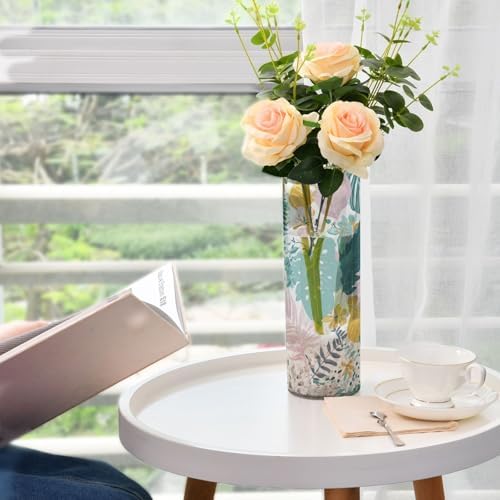 Tropical Leaves Flowers Plastic Cylinder Vase 118 Inch Tall