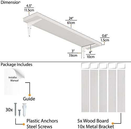 Wallniture Arras 24 Inch White Floating Shelves Set of 5