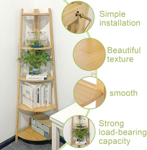 OUTREE Bamboo Corner Shelf 5 Tier Bookshelf Stand