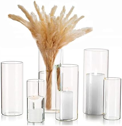 Esmiome Cylinder Vase Set 6Pcs Clear Glass Hurricane Candle Holder for Centerpieces