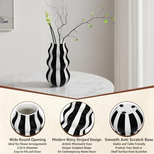 Daslich Black and White Ceramic Vase 866 in Tall Modern Striped Centerpiece