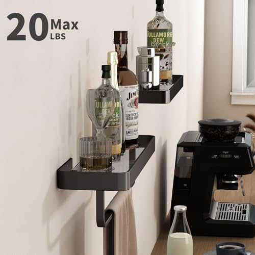 Danpoo 16 Inch Black Floating Bathroom Shelves with Towel Bar 2 Pack