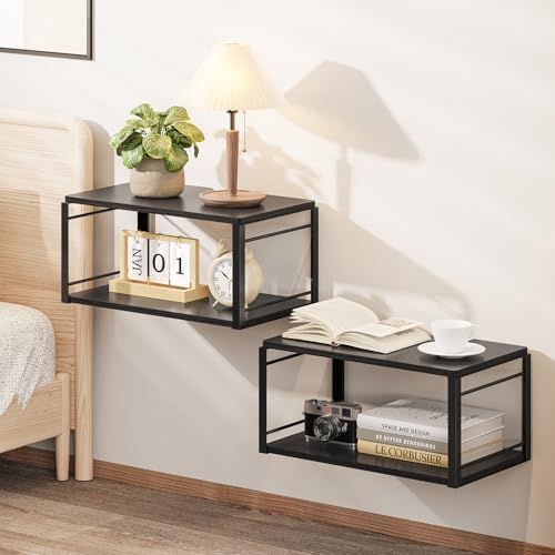 Floating Nightstand Set of 2 with Durable Metal Brackets and Solid Wood