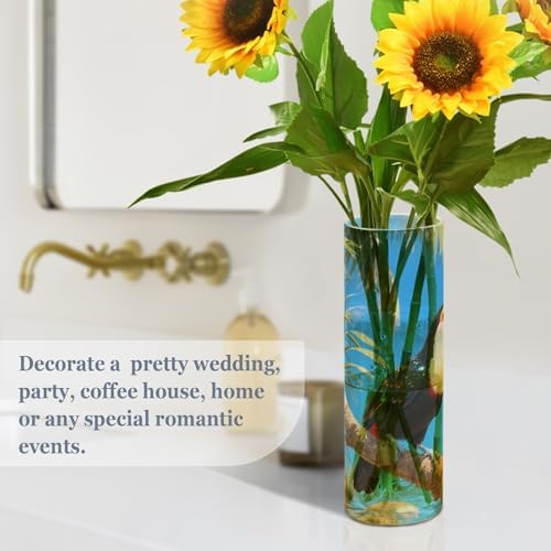Toucan Bird Pattern Vase 118 Inch Tall Clear Cylinder