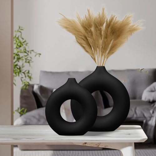 Black Matte Ceramic Donut Vase Set of 2