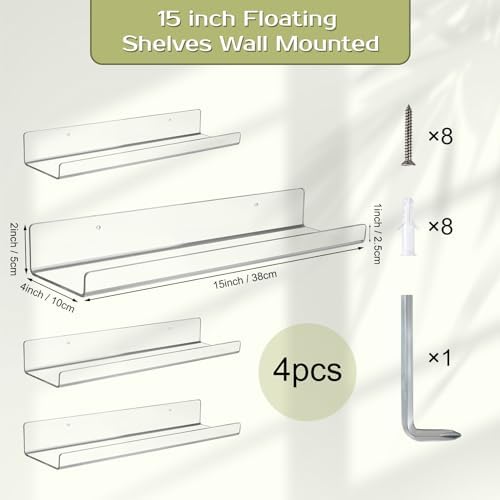 Boxalls Acrylic Floating Shelves - 4 Pack 15 Inch Wall Organizer