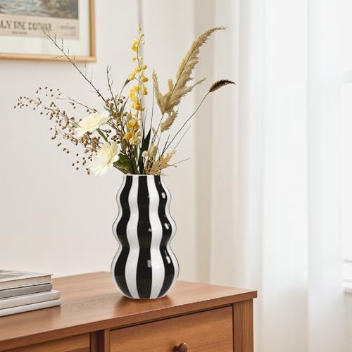 Daslich Black and White Ceramic Vase 866 in Tall Modern Striped Centerpiece