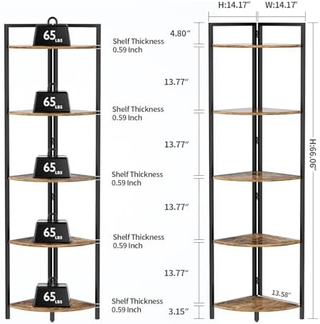 Gemfurque Rustic Brown 5 Tier Corner Shelf with LED Light