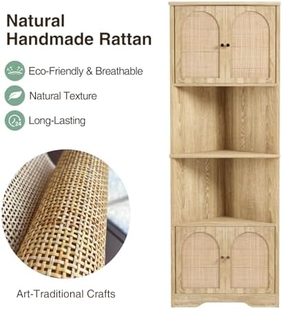 57H Tall Corner Cabinet with Handmade Rattan Doors