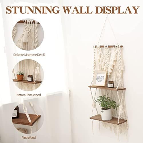 ANROYE 2 Tier Macrame Boho Wall Hanging Shelf