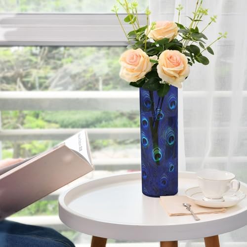 Blue Peacock Feathers Plastic Cylinder Vase Decor