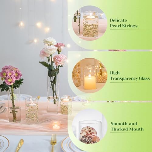 Hewory Clear Glass Cylinder Vases Set of 12 with Pearl String