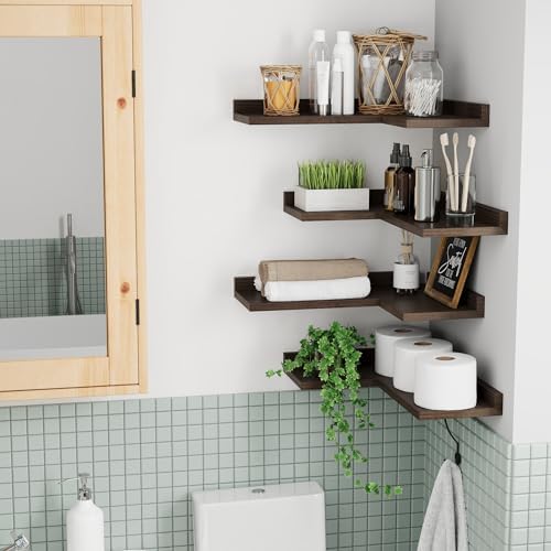4 Tier Floating Corner Shelves - Rustic Walnut Wall Mount