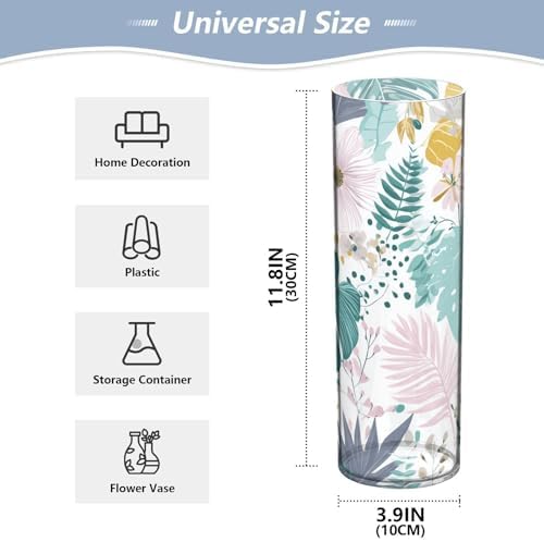Tropical Leaves Flowers Plastic Cylinder Vase 118 Inch Tall