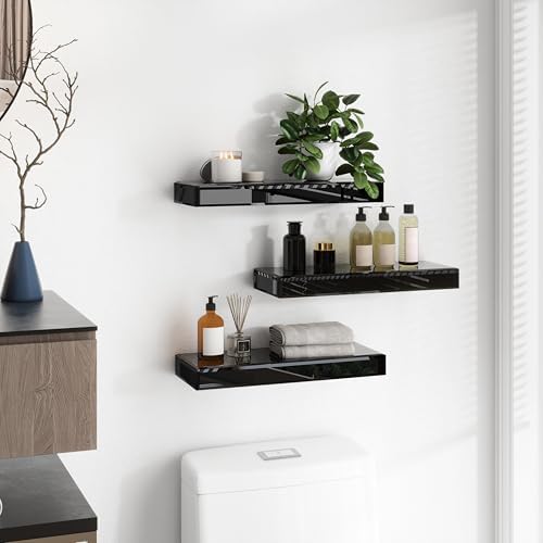 SHYFOY Black Glass Floating Shelves Set of 3