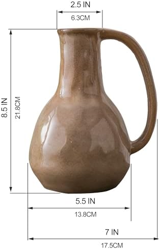 Brown Ceramic Vase with Big Handle for Farmhouse Decor