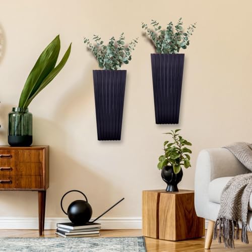 2PCS Black Wood Wall Planter for Indoor Plants and Dried Flowers