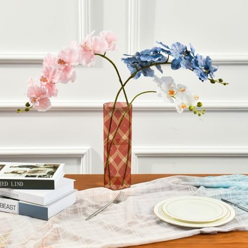 Chequer Pattern Red Gold Plastic Cylinder Vases for Flowers