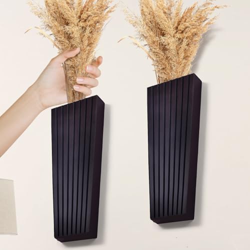 2PCS Black Wood Wall Planter for Indoor Plants and Dried Flowers