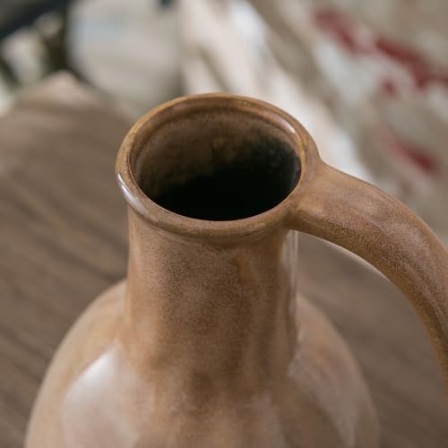Brown Ceramic Vase with Big Handle for Farmhouse Decor