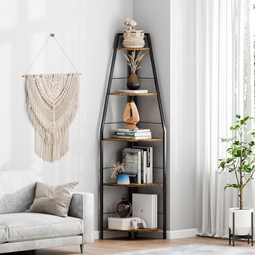 Rustic Brown 5 Tier Corner Ladder Shelf Stand
