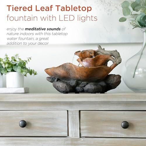 9 Tall Indoor Tabletop Tiered Leaf Fountain with LED Lights