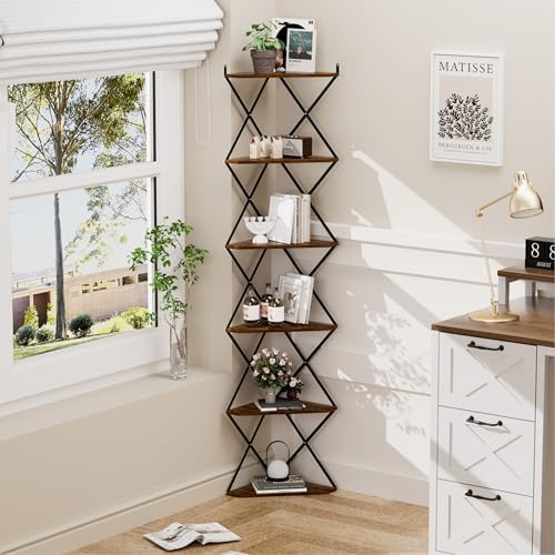 6 Tier Wall Mounted Corner Shelf Stand Industrial Rustic Brown