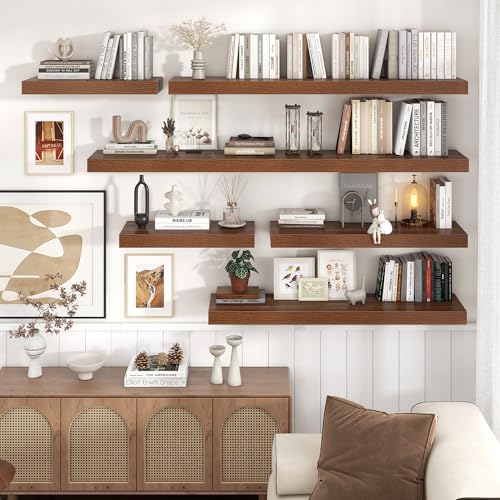 Venusmiles 72 Inch Walnut Floating Wall Shelf