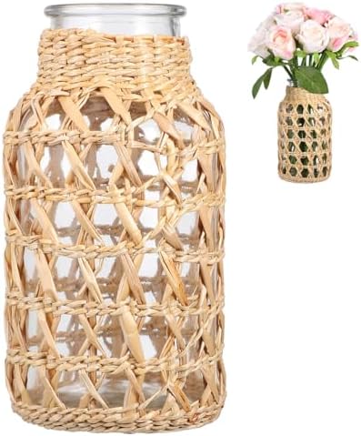 Angoily Glass Flower Vase with Rattan Woven Design