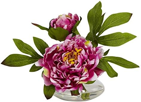 Nearly Natural Peony with Glass Vase Set of 3