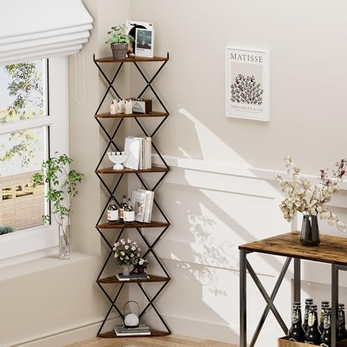 6 Tier Wall Mounted Corner Shelf Stand Industrial Rustic Brown
