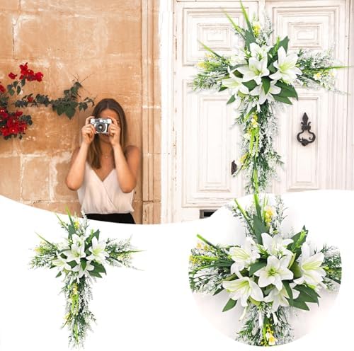 20 Inch Cross Shaped Artificial Lily Easter Wreath