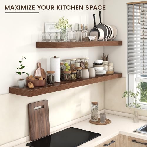 Venusmiles 72 Inch Walnut Floating Wall Shelf